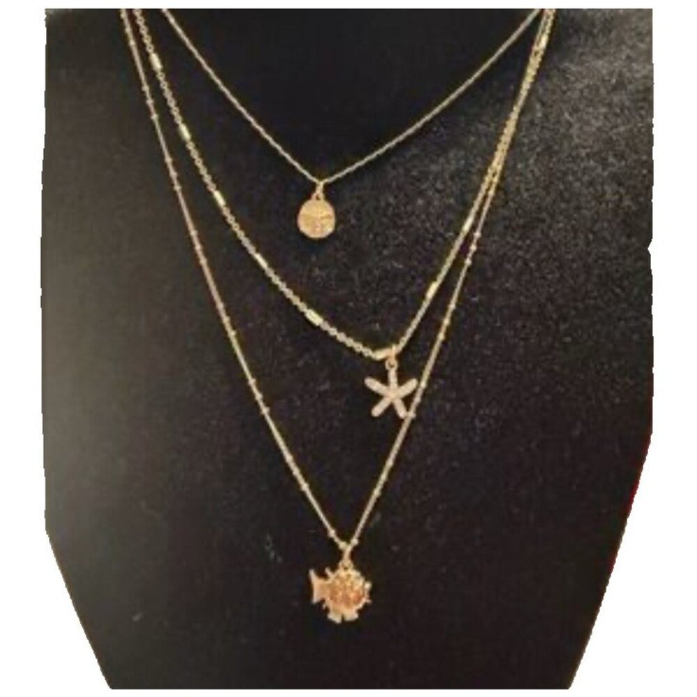Lilly Pulitzer Goldtone Starfish Blowfish Charm 3 Chain Layered Necklace NEW